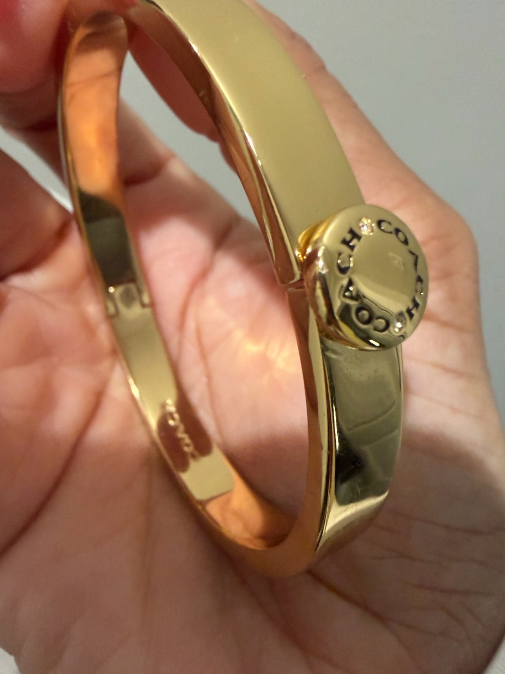 Authentic Coach Polished Gold-Tone Logo Button Bangle Bracelet